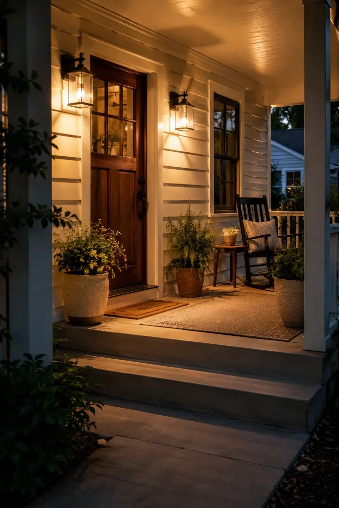 Welcoming porch wall lights with warm glow, front door, bench, potted plants, steps, and cozy exterior seating.