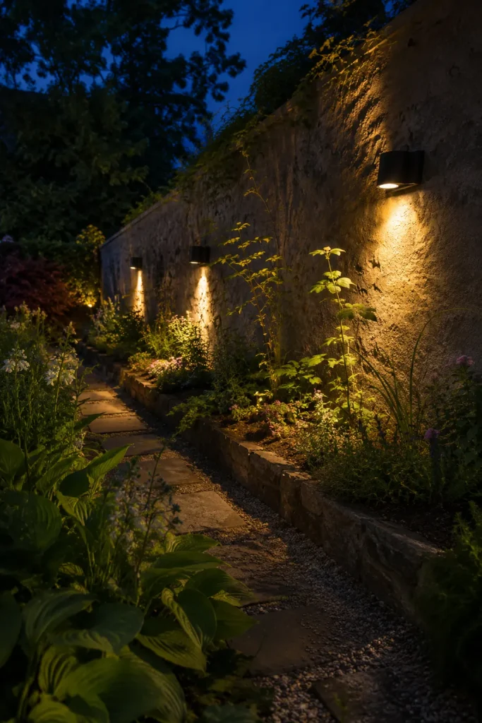 Garden wall lights with warm downward glow highlighting stone texture, greenery, flowers, pathway, and soft evening shadows.