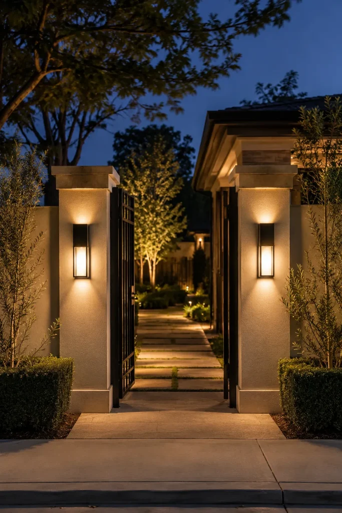 Gate wall lights on stone columns beside a black metal gate with warm glow, landscaping, and polished property entrance
