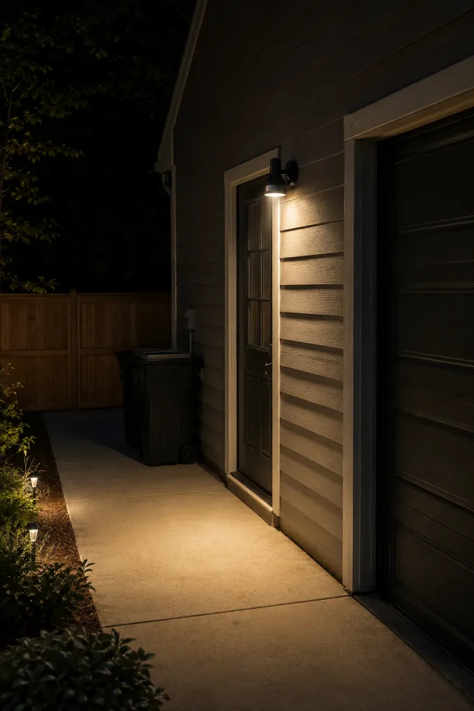 Motion sensor outdoor wall light near a side entrance with controlled downward glow, clear walkway, garage wall, and safe exterior lighting.