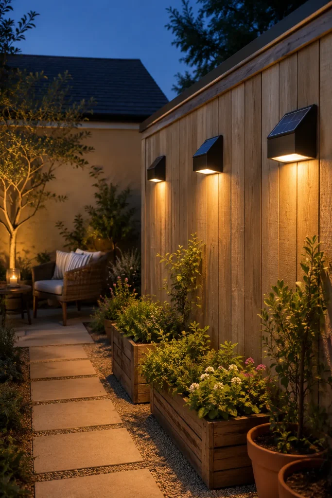 Solar outdoor wall lights on a garden fence with soft dusk glow, visible solar panels, planters, pathway, and easy exterior lighting.