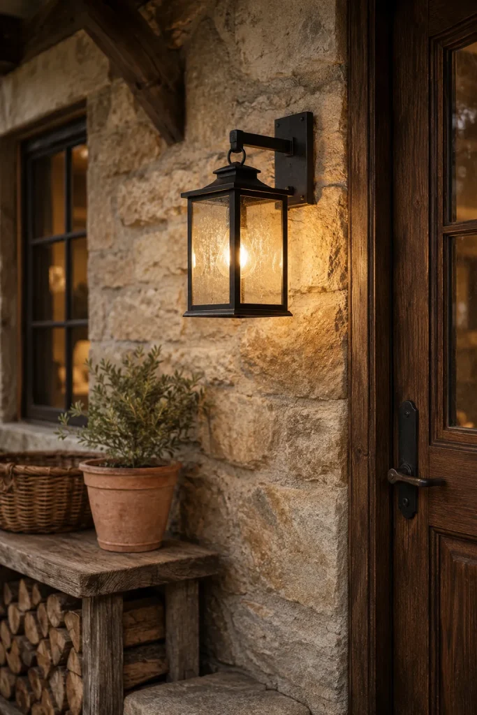Rustic outdoor wall light fixture with seeded glass on a wood and stone exterior beside a warm entry door and clay planter.