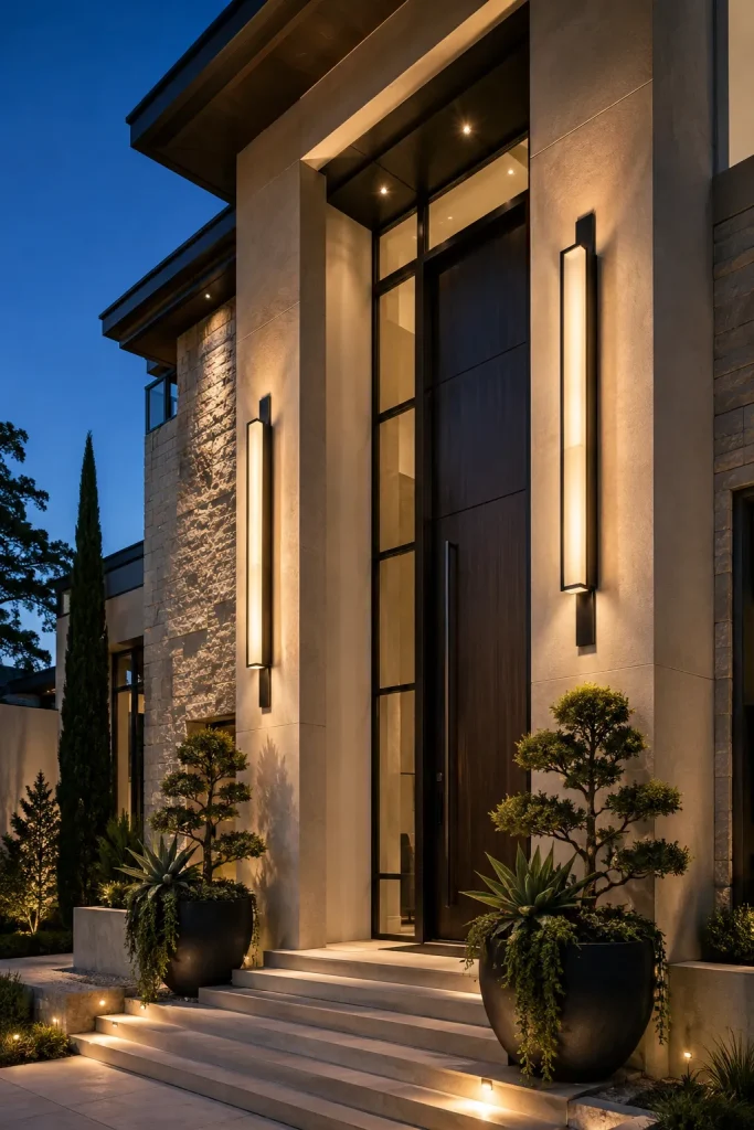 Large outdoor wall light fixtures on a tall exterior entry wall with warm diffused glow, wide steps, planters, and balanced scale.