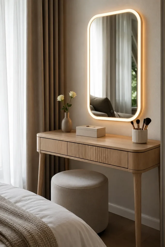 Modern bedroom vanity with a slim table, soft-lit mirror, upholstered stool, and organized accessories.