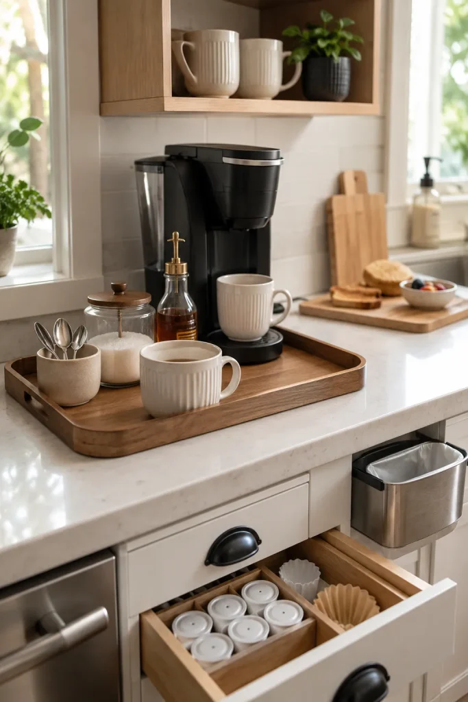 Busy morning kitchen counter coffee station with coffee maker, mugs, tray, sugar jar, organized drawer, and breakfast prep nearby.