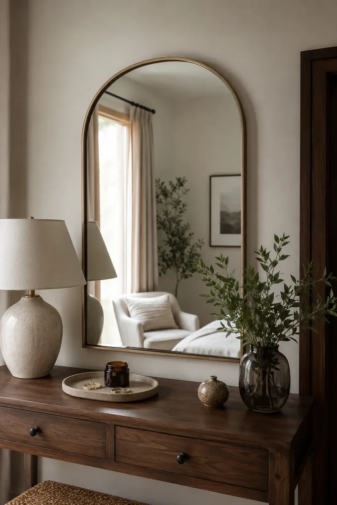 Arched mirror as home decor with calm reflection, bench, woven basket, vase, rug, natural light, and polished room styling.