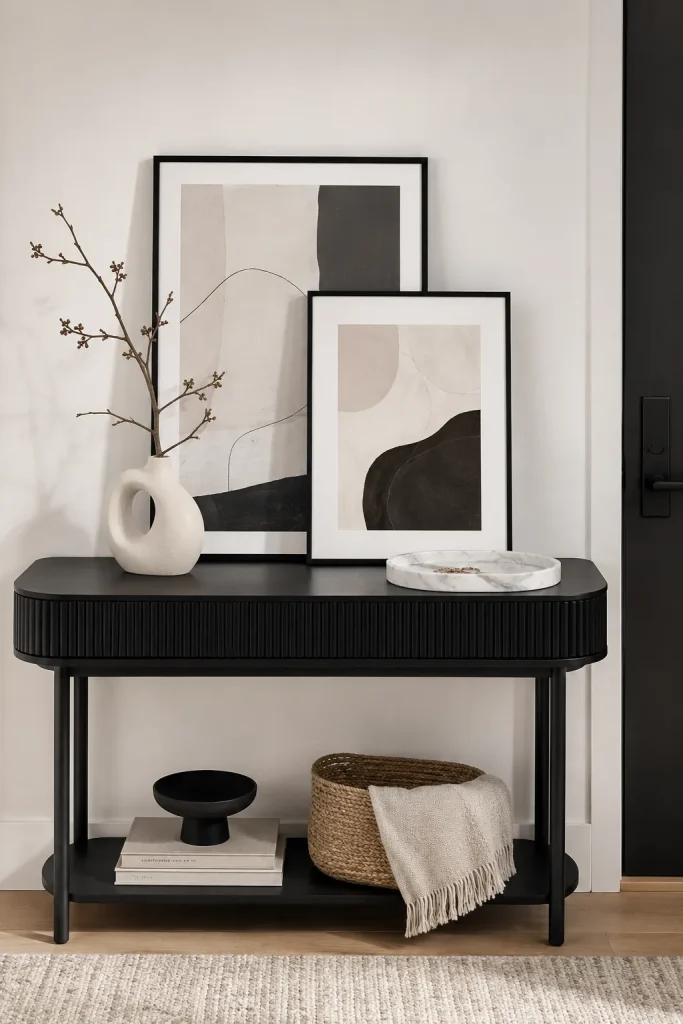 Nail-free entryway console table with leaning abstract framed art, marble tray, sculptural vase, and simple branch.