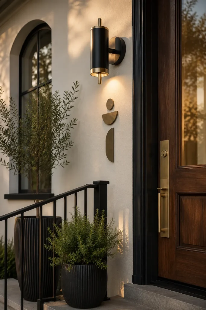 Black and brass outdoor wall light on a 2026 exterior with matching door hardware, warm neutral wall, dark door, trim, and planters.