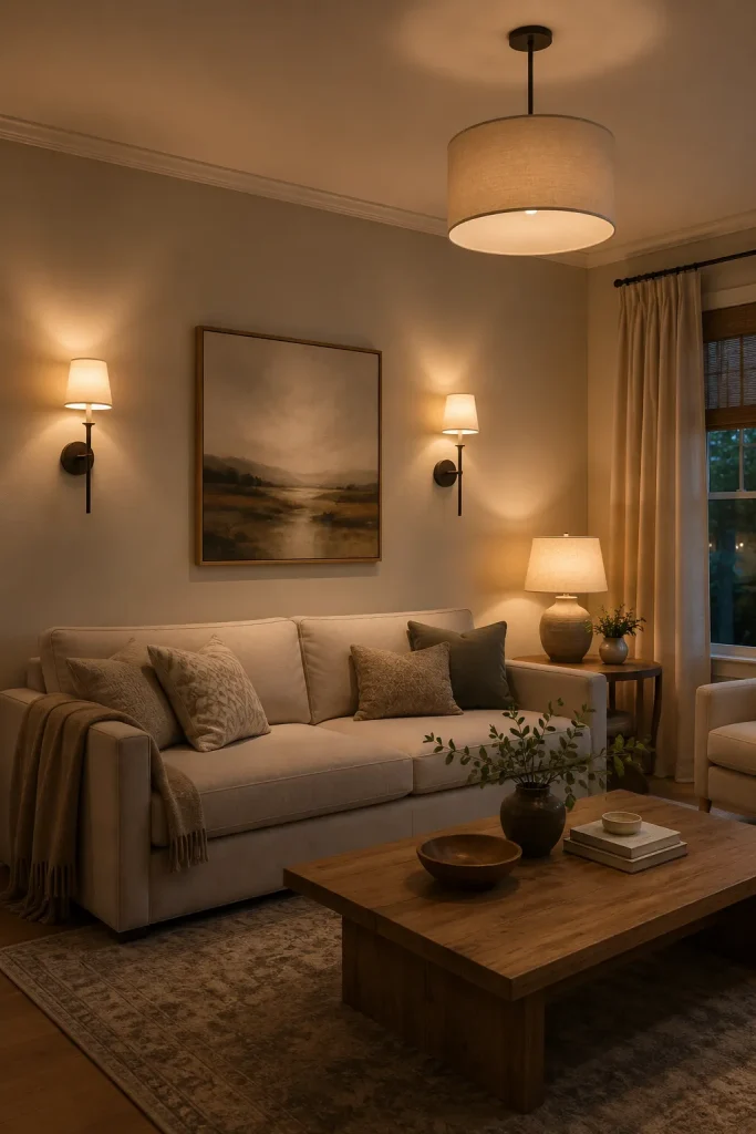 Wall sconce light fixtures in a layered living room with sofa, artwork, ceiling pendant, table lamp, rug, curtains, and warm glow.