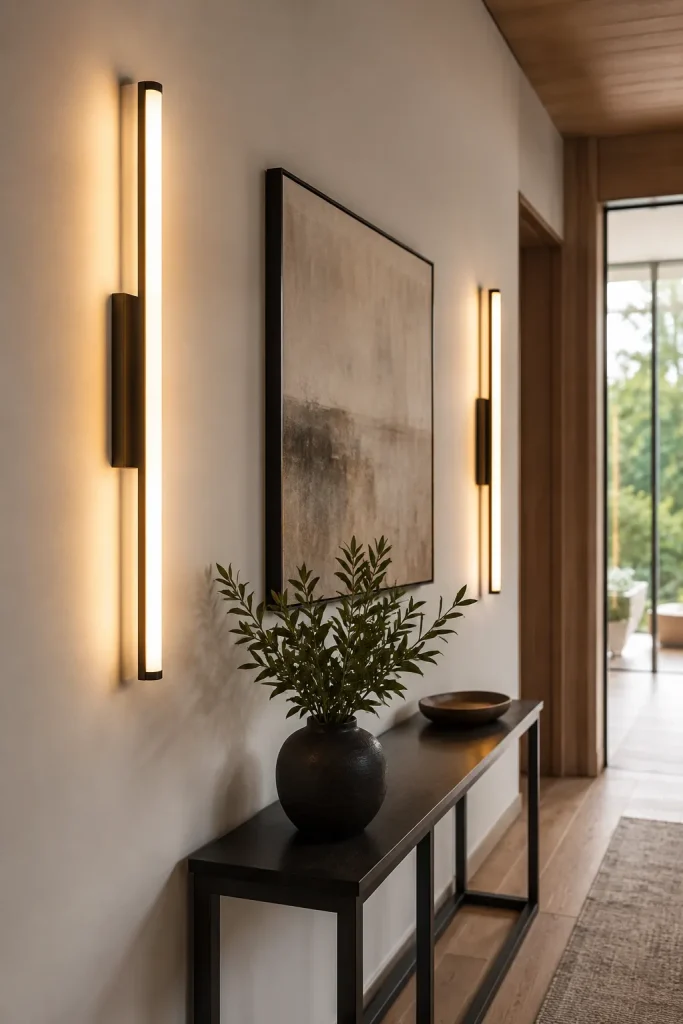 Modern LED wall sconces in a clean hallway with slim fixtures, frosted covers, warm white glow, console table, and neutral decor.