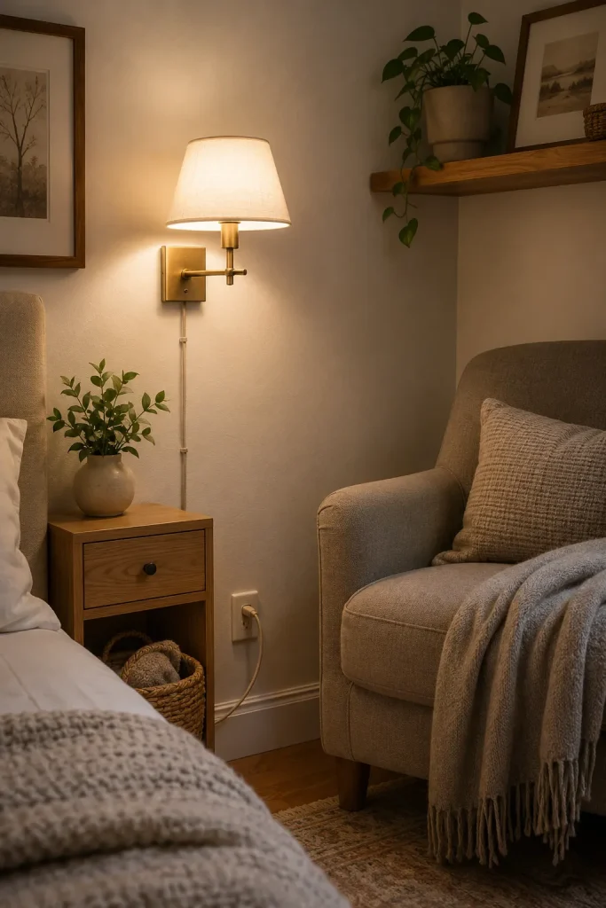 Plug-in wall light fixture in a renter-friendly reading corner with neat cord cover, chair, small shelf, basket, and warm glow.