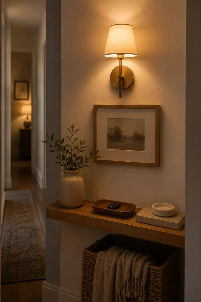 Battery operated wall light in a hallway nook with framed art, shelf, warm accent glow, and no visible wiring.