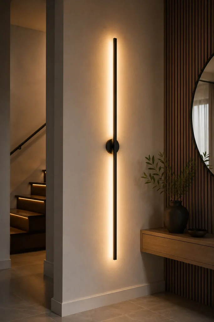 Linear wall light fixture on a clean modern wall with warm glow, simple architecture, smooth plaster, and minimal decor.