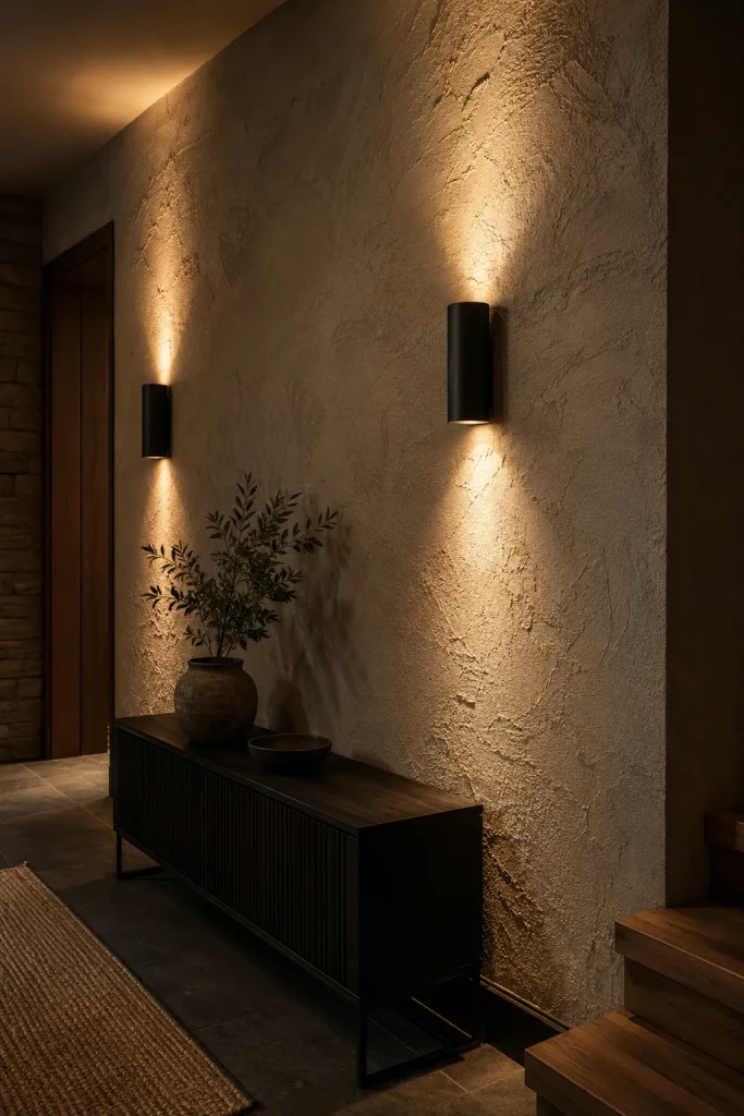 Up-down wall lights on a textured interior wall with warm architectural glow, console table, plant, and soft evening ambience.