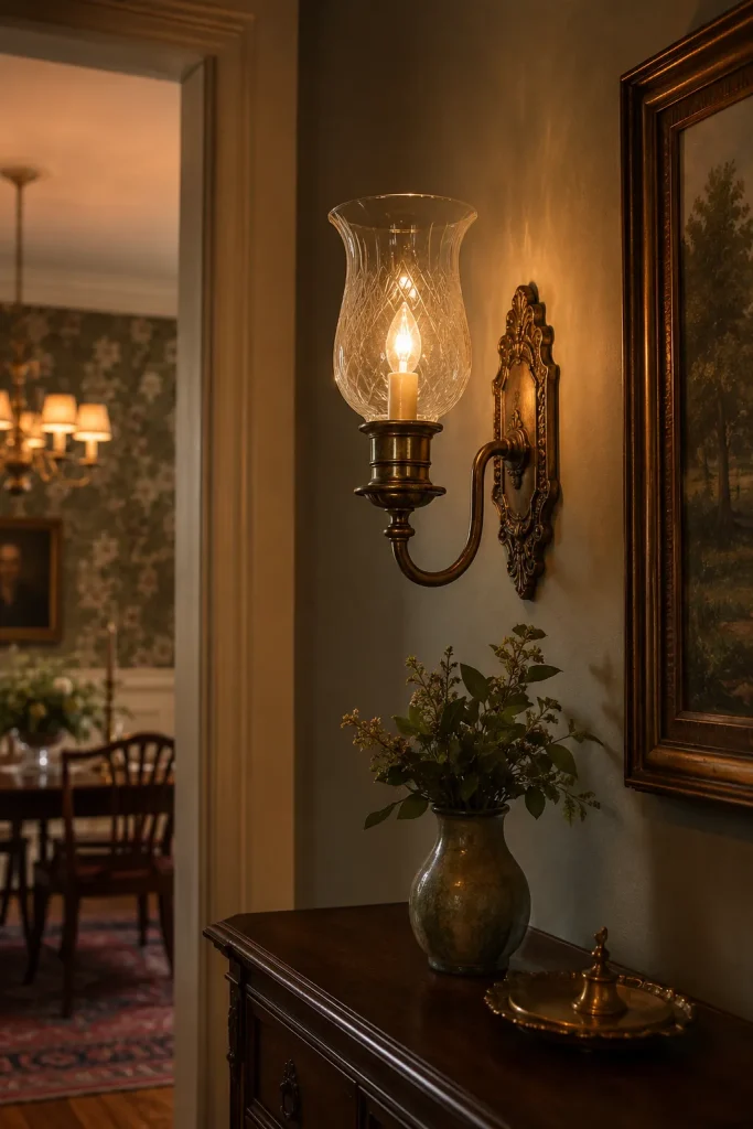 Antique wall sconce with aged brass, glass shade, curved arm, warm wall color, framed art, and classic wood furniture.