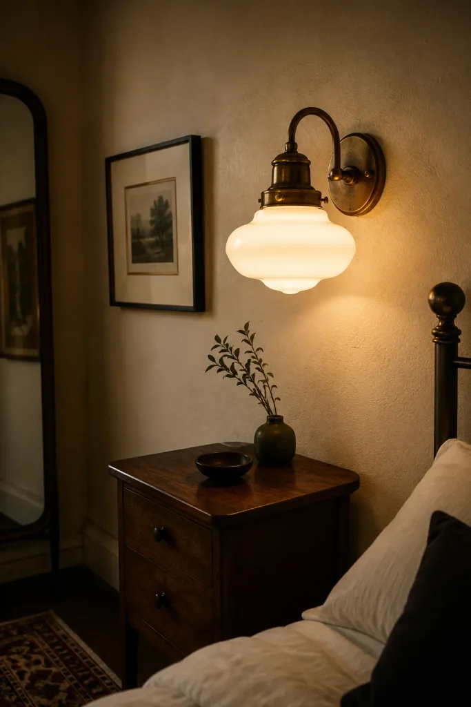 Vintage wall light fixture with milk glass or fluted glass shade, warm glow, simple furniture, framed art, and collected room character.