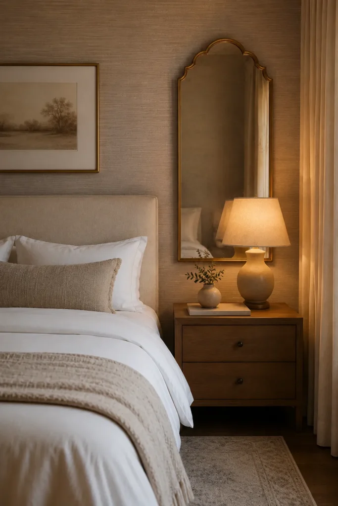 Bedside mirrors behind nightstands in a contemporary bedroom with soft lamps and clean bedding.