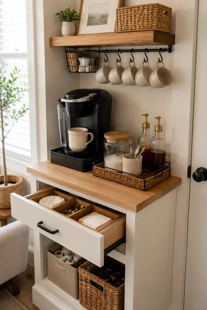 Small home coffee station with smart storage, mug hooks, under-shelf baskets, drawer dividers, compact coffee maker, and hidden supplies.