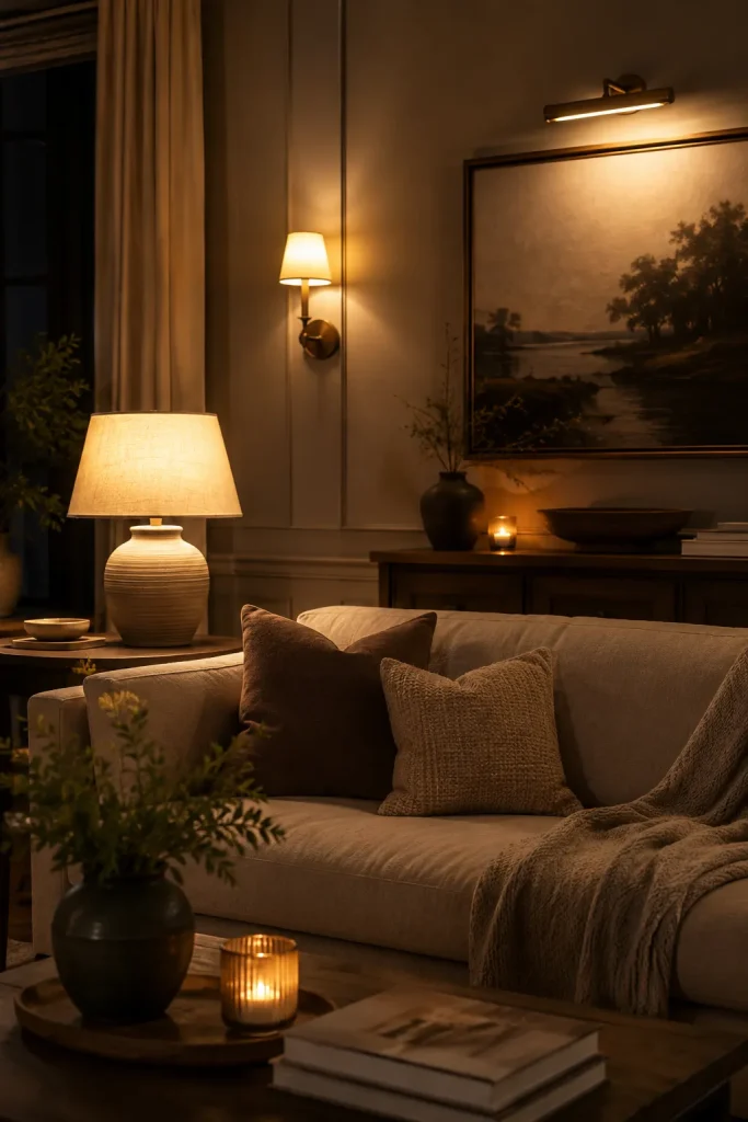 Lighting decor items in a cozy room with table lamp, wall sconce, accent light, candle, sofa, throw, rug, and warm evening mood.