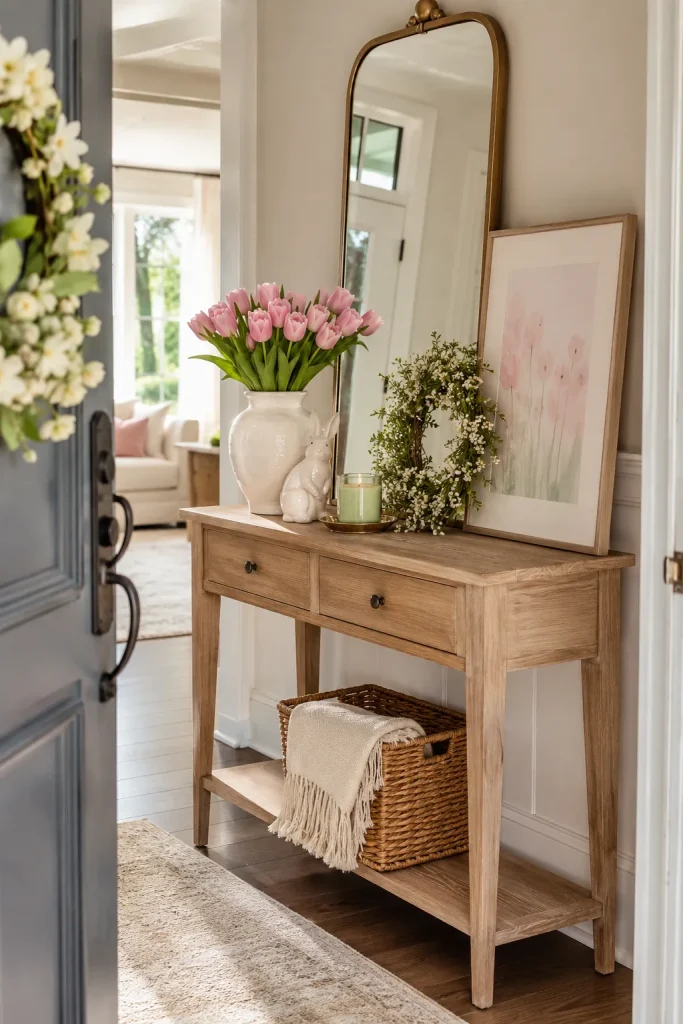 Spring entryway console table with tulips, bunny figurine, small wreath, pastel art, candle, and soft festive decor.