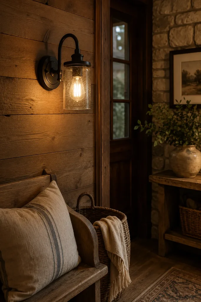 Rustic wall sconce with black metal, aged bronze, seeded glass, wood, stone wall, woven basket, and warm textured interior.