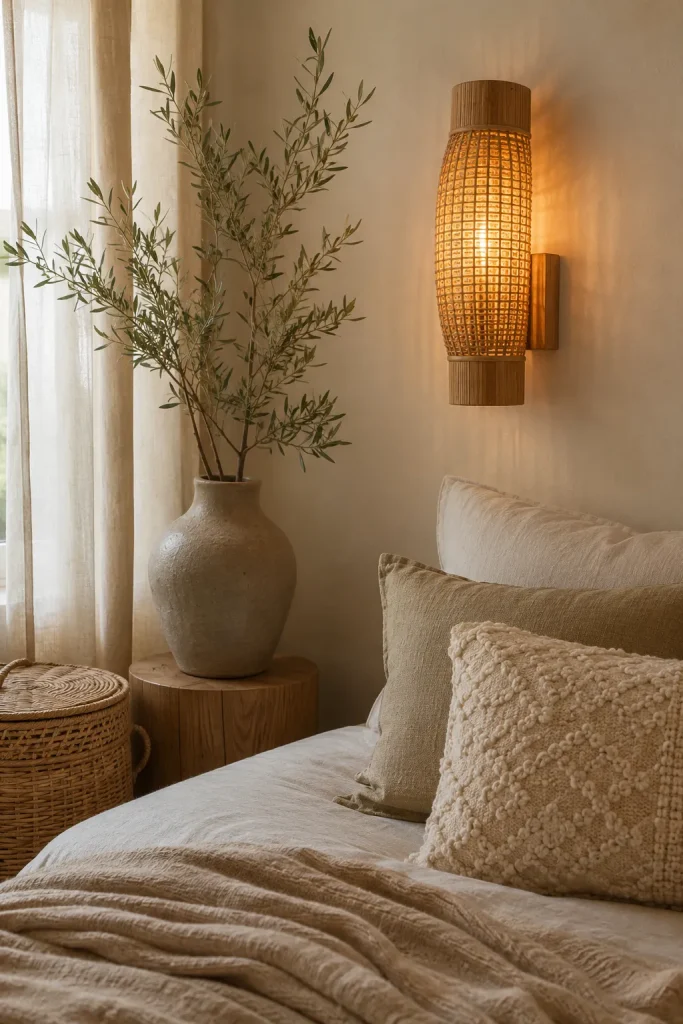 Rattan wall light in a natural bedroom corner with linen bedding, woven basket, light wood furniture, neutral curtains, and soft glow.