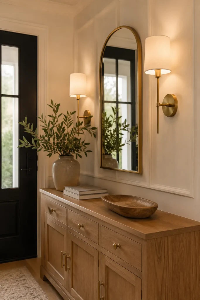 Coordinated wall light finish with brass, gold, black, or white fixture matching mirror frame, cabinet pulls, furniture legs, and room decor.