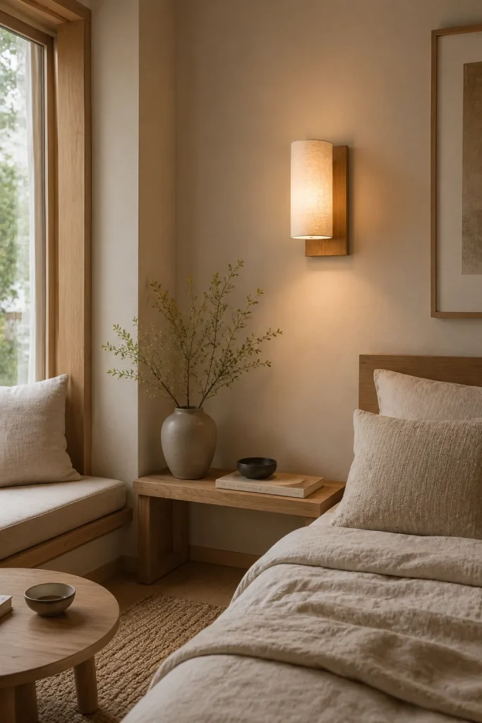 Japandi wall light in a calm minimal room with low wood furniture, linen texture, paper-like shade, neutral walls, and soft warm glow