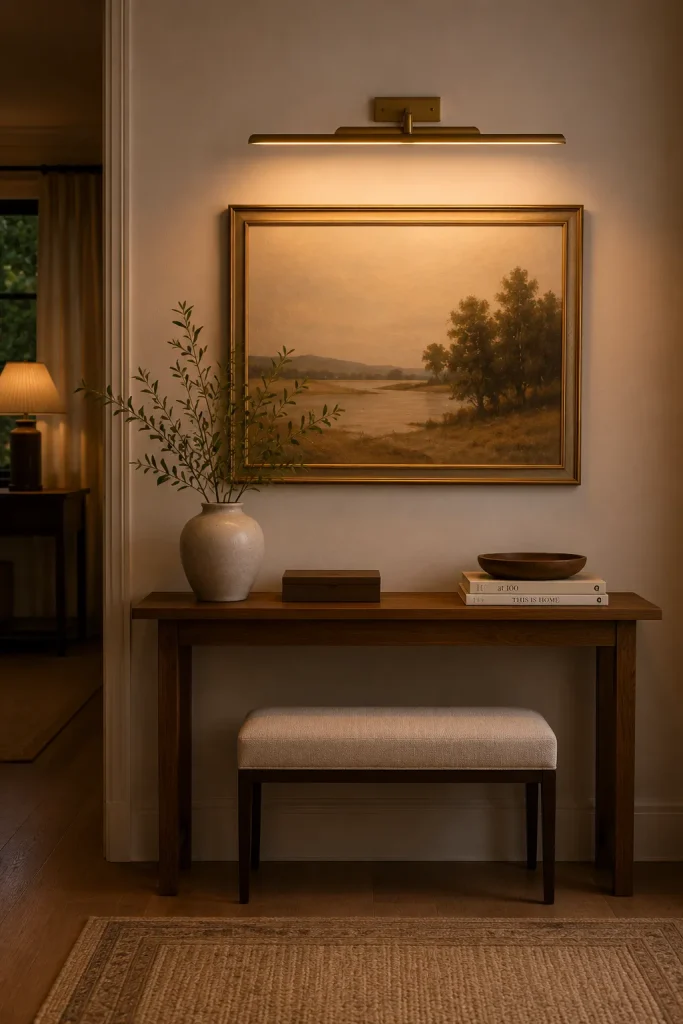 Wall art lighting fixture above framed artwork with slim picture light, soft downward glow, console table, vase, and polished gallery wall.