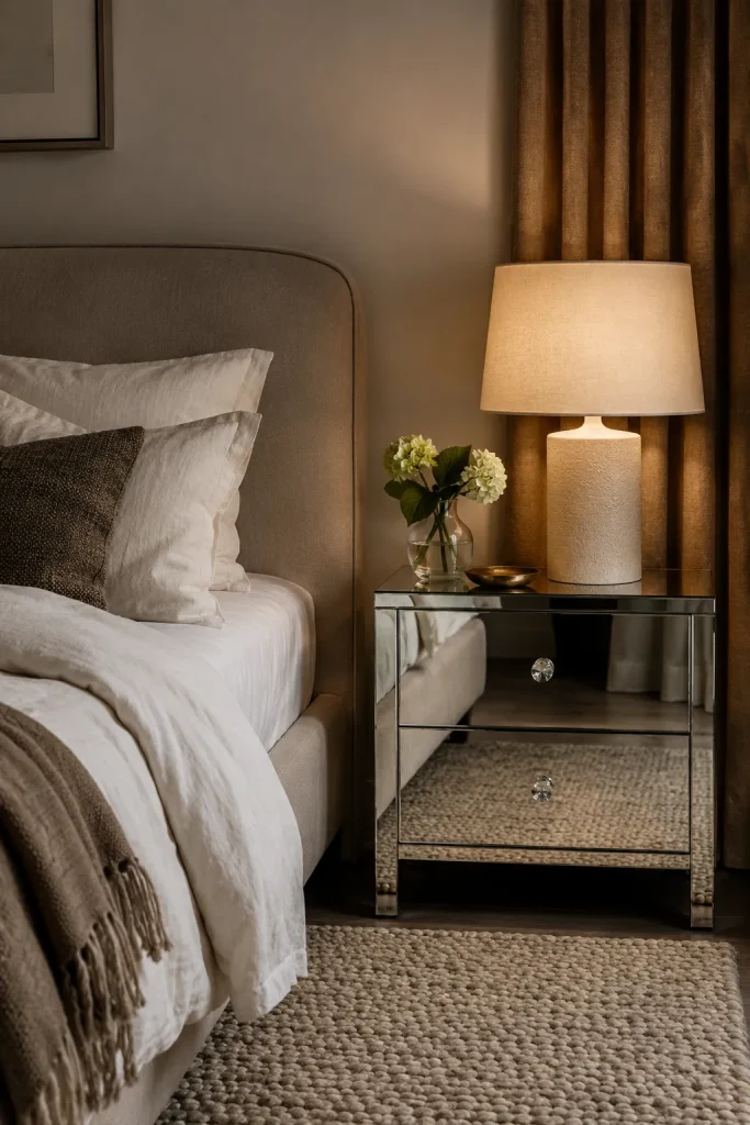 Mirrored nightstand in a contemporary bedroom with upholstered bed, soft linens, warm lamp, and balanced styling.