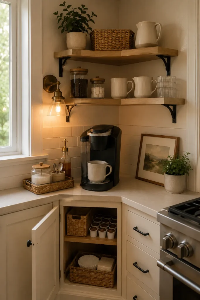 Corner coffee station with compact coffee maker, open shelves, mugs, jars, baskets, and warm lighting in an unused kitchen corner.