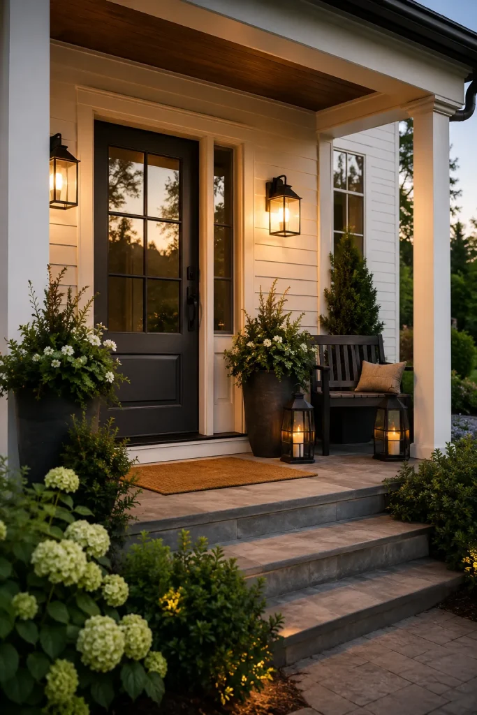 Outdoor decor items on a front porch with wall lights, planters, lanterns, doormat, bench, cushions, garden pots, and curb appeal styling.