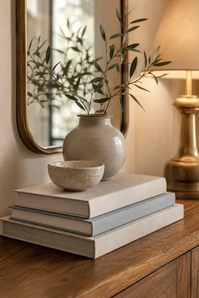 Entryway console table with stacked neutral books, small ceramic bowl, low vase, and softly blurred lamp in the background.