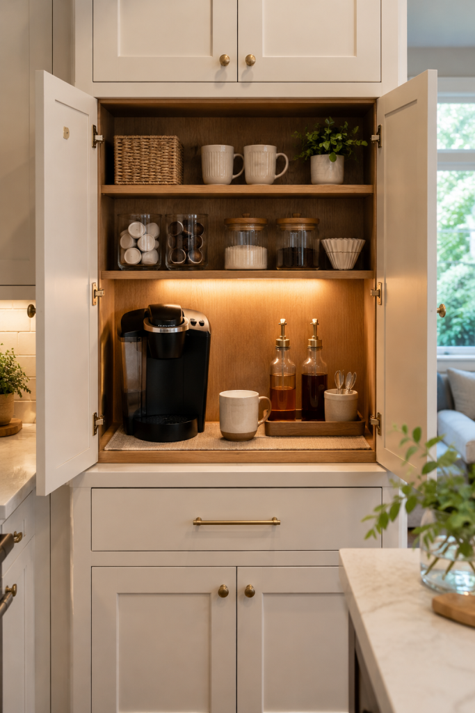 Hidden coffee station cabinet with open doors, coffee maker, mugs, pod bins, shelves, tray liner, and warm cabinet lighting.