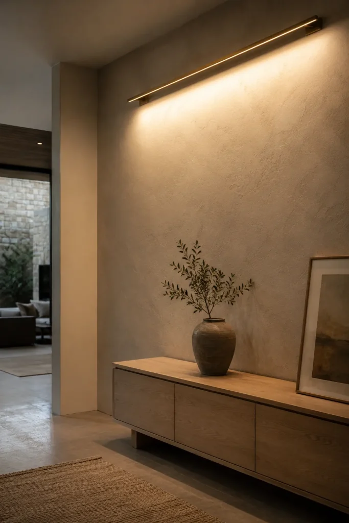 Wall washer light on a textured feature wall with soft warm glow, sideboard, vase, framed art, and refined interior styling