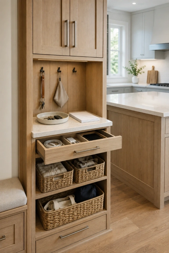 18. Create a Home for Everyday Clutter — An open kitchen looks more organized when everyday items have a clear place to go