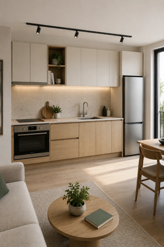 4. Try a One-Wall Kitchen in a Compact Home — A one-wall kitchen places the cabinets, appliances, sink, and worktop along a