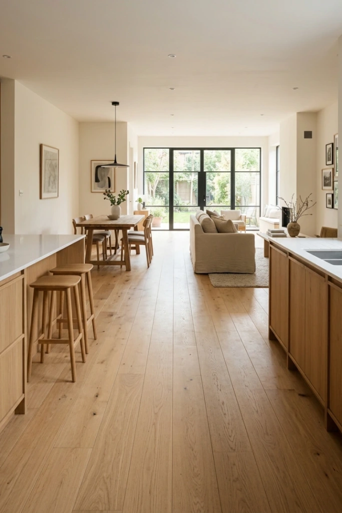 6. Continue the Flooring Across the Open Space — Using the same flooring throughout the kitchen, dining area, and living room
