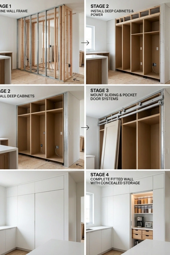 9. Build a Concealed Appliance and Storage Wall — Countertop clutter is more noticeable in an open kitchen because the