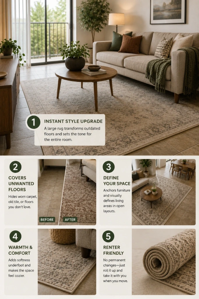 5. Cover Unattractive Floors With Large Rugs — A rug is one of the fastest ways to improve worn carpet, cold tile, or