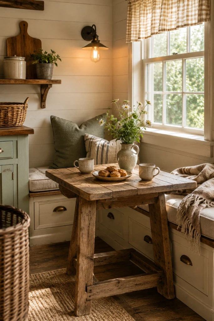 11. Create a Cozy Cottage, Country, or Rustic Nook — Cozy breakfast nook ideas often use natural materials, layered fabrics