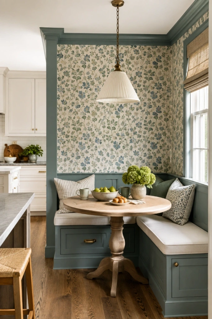 12. Define the Nook With Color or Wallpaper — Breakfast nook color ideas should coordinate with the kitchen while giving the