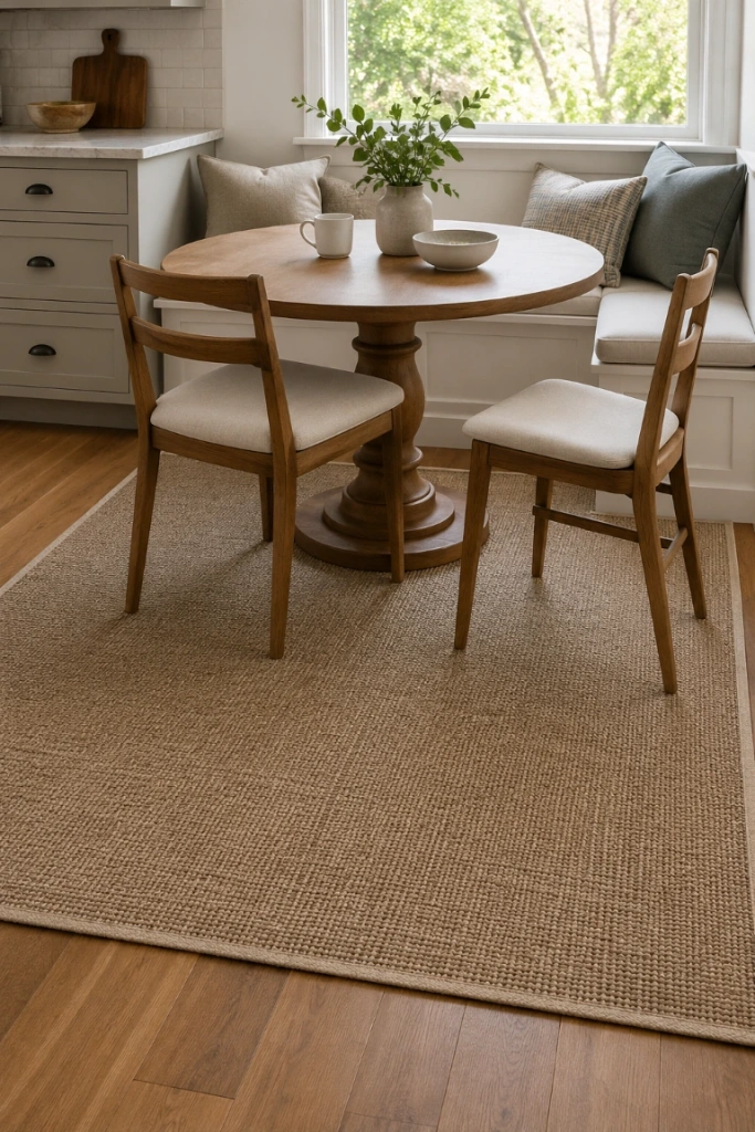 15. Use a Rug to Anchor the Dining Area — Breakfast nook rug ideas should focus on durability and correct scale