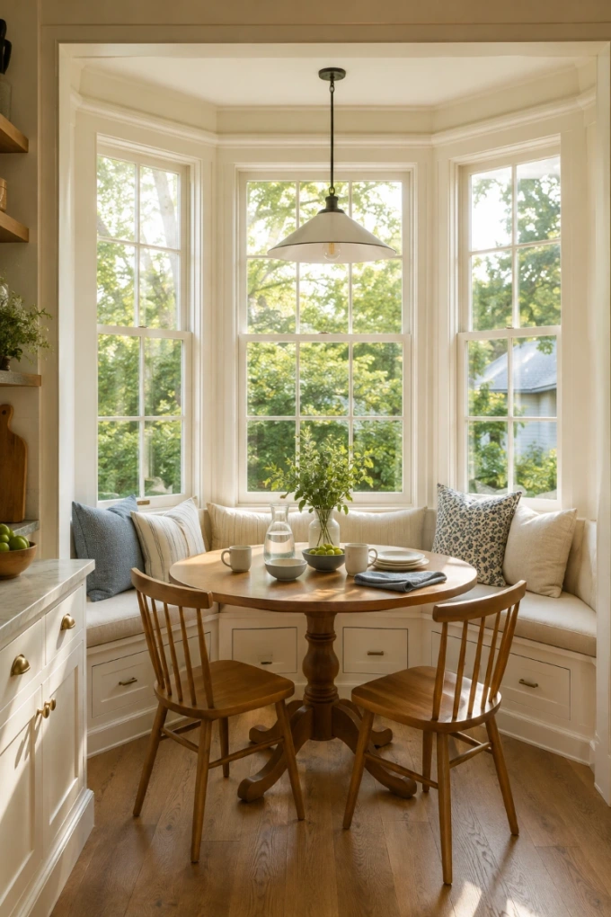 6. Turn a Bay Window Into a Sunny Dining Area — A bay window naturally creates one of the best locations for a breakfast nook