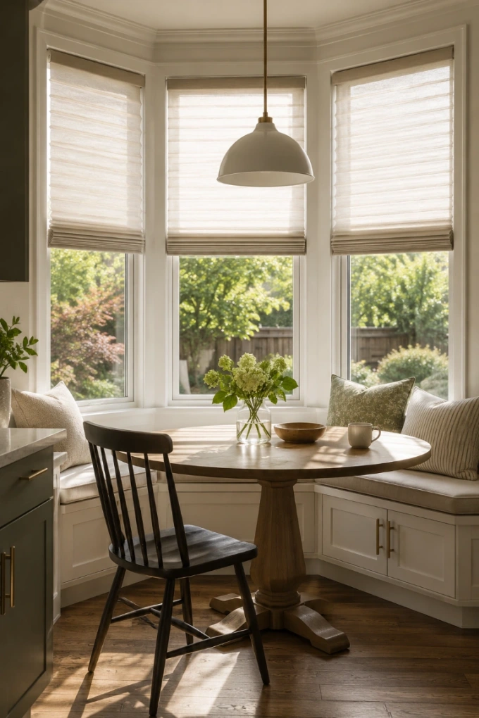 7. Select Window Treatments That Control Light Without Closing the Space — Breakfast nook window treatment ideas should