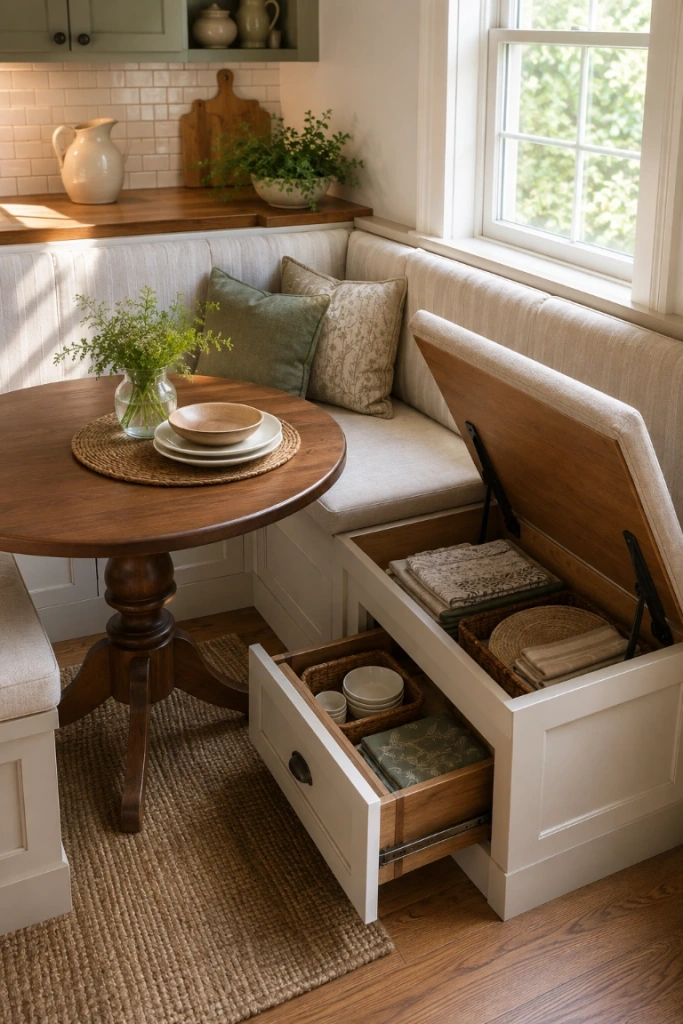 8. Add Hidden Storage Under the Seating — Breakfast nook ideas with storage are especially useful in kitchens that lack