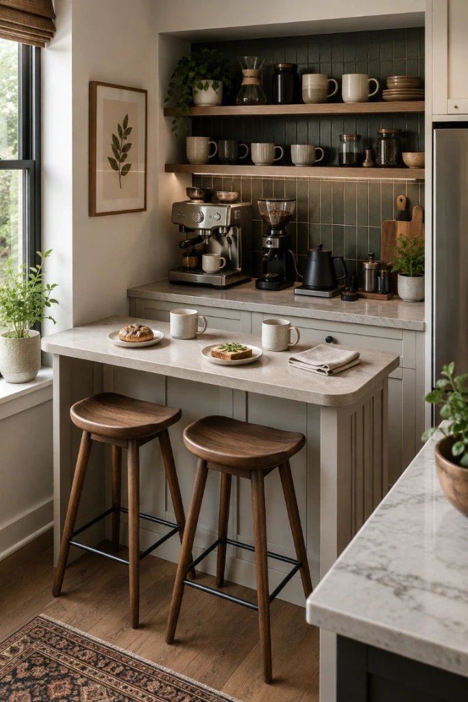 9. Build a Breakfast Nook Around a Coffee Bar — Breakfast nook bar ideas are a smart choice for small households that do not