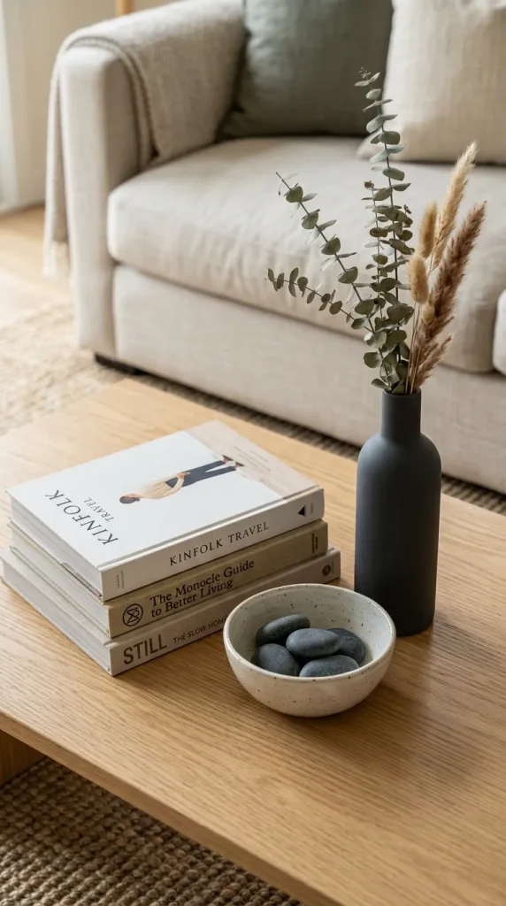 A coffee table styled with a stack of books, a low bowl, and a tall vase in an intentional group.