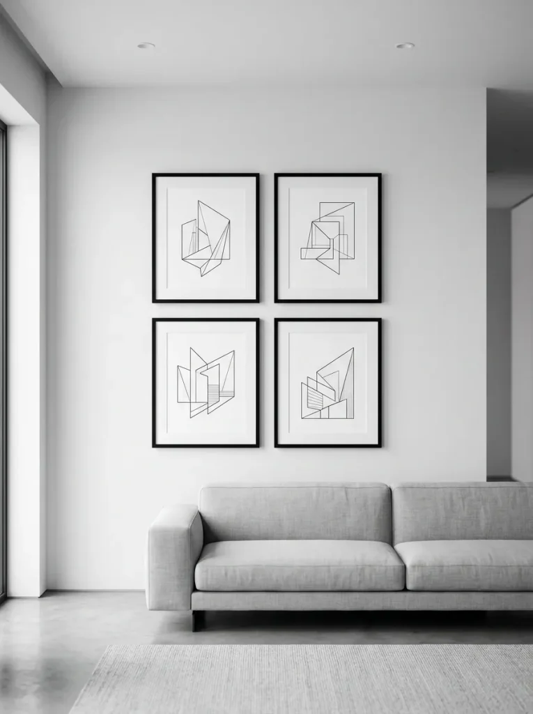 Small living room with black frames on white wall, large artwork above sofa, controlled gallery layout, warm sconce, and simple decor.