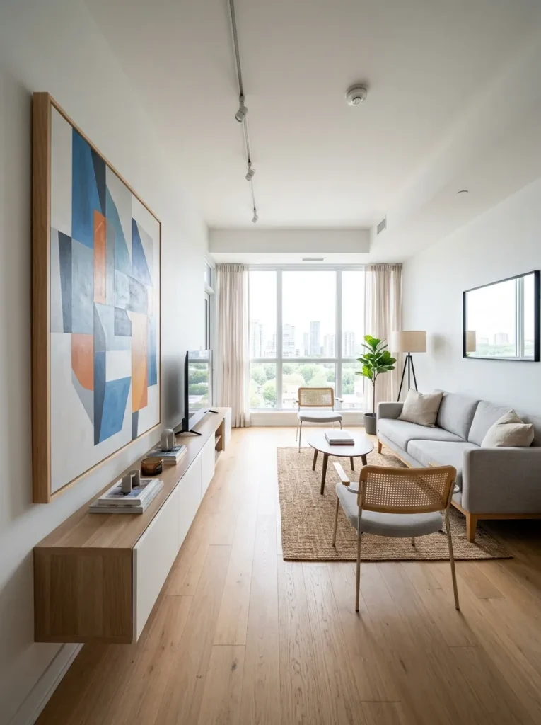 Small black and white apartment living room with slim sofa, raised furniture legs, large wall art, compact chair, narrow console, and open floor space.